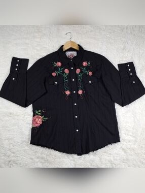 Embroidered Western Shirt Rose Rhinestone Pearl Snap Boho Festival Medium